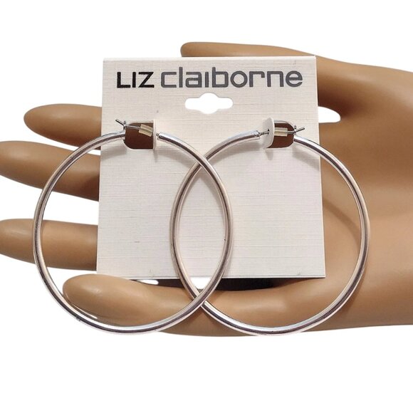 Liz Claiborne Big 2 1/8" Tube Hoops Pierced Stud Earrings Silver Tone - Picture 7 of 7